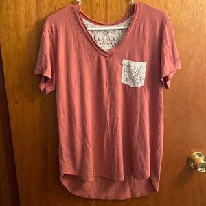 Go Wild Pink & White V-Neck Top w/ Lace Floral Print Front Pocket